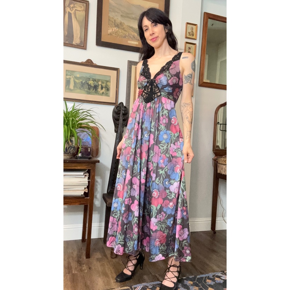 Vintage 70s 80s Olga Floral Maxi slip Dress Lace Trim Empire Waist Gown lingerie